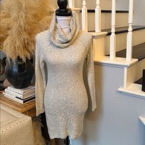 Cache Cache Textured Gray Cowl Neck Sweater Mini Dress Size Small